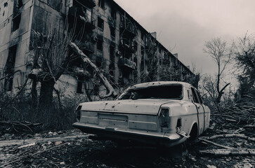 damaged and looted cars in a city in Ukraine during the war