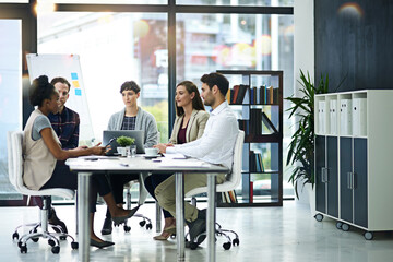 Poster - Office, meeting and business people in boardroom, conversation and communication in workplace. Discussion, talking and planning for corporate strategy, collaboration and tech sales agency and worker