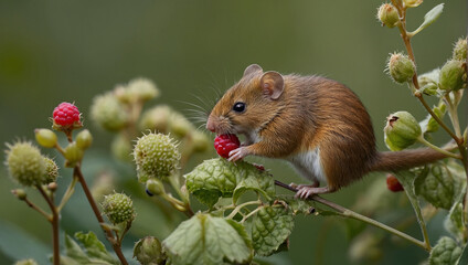 A small brown mouse is eating a red berry off a green plant.