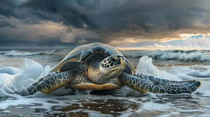 Wall Mural - A turtle is laying on the beach in front of a stormy sky. Scene is one of calmness and serenity, despite the stormy weather. a turtle in the Arctic