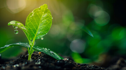 A small green plant with water droplets on it. Concept of growth and life. A green seedling with 2 leaves emerges from the soil, a droplet of water hangs on leav