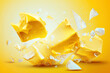Shards of shiny glass and ice in flight, isolate, yellow background. AI generated