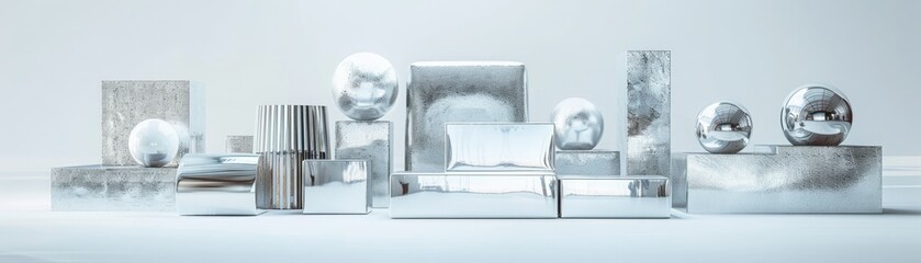 Wall Mural - A collection of shiny silver objects, including balls and boxes
