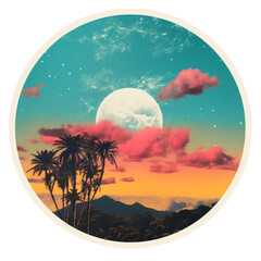 Sticker Vintage landscape with moon 70's, tropical sticker, retro style, car stickers