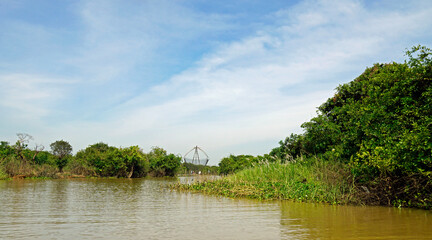 Poster - fisherman boat on the tonle sap river in cambodia