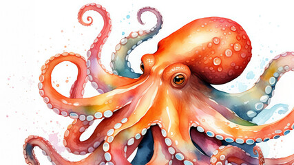 Wall Mural - Colorful watercolor illustration of an octopus with dynamic tentacles, ideal for marine life themes, educational content, and World Oceans Day promotions