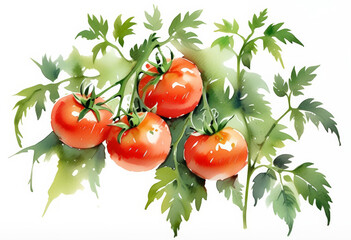 Wall Mural - Watercolor illustration of ripe tomatoes on the vine with fresh green leaves, ideal for culinary themes, gardening content, and summer harvest festivals