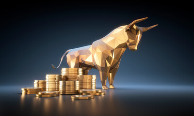 Poster - Golden polygonal  bull with stacks of golden coins on a dark blue backdrop - 3D illustration