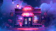 A storefront icon with an open sign representing online storefronts and virtual marketplaces with a stylized storefront facade and a glowing 