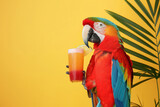 Fototapeta Lawenda - A vibrant parrot with colorful feathers is sipping from a cup with its beak. Generative AI