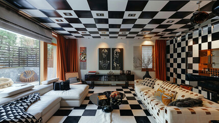 Poster - Dramatic checkerboard ceiling in black and white, ideal for a striking modern living space.