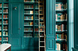 Detailed look at a teal wall library with a ladder and ceiling-high bookshelves.