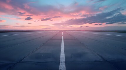 Wall Mural - an empty airport runway at sunset, with a beautiful sky and clouds in the background. this scene evo