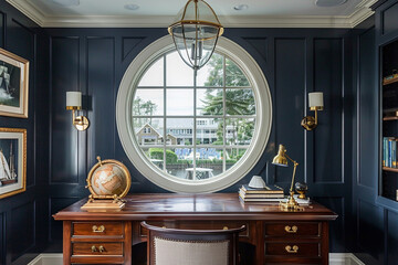 Canvas Print - Circular window view into a nautical study with navy blue walls and brass detailing.