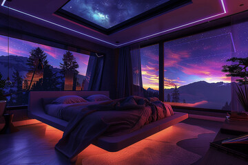 Poster - Urban bedroom with a suspended bed and neon lights, open to the starlit sky above.