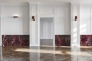 Poster - Luxury modern home with porcelain walls, ruby marble, walnut flooring, and elegant sconce lighting.