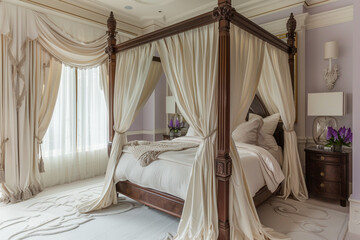 Canvas Print - Perspective from a grand bed's foot, overlooking a majestic bedroom with soft walls and elegant drapes.