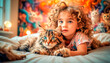 Portrait of a cute touching baby girl with cats on the bed. Beautiful girl with pets