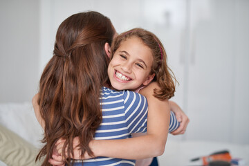 Poster - Portrait, mother or excited girl hug for support in home for care, safety or bonding together to relax. Smile, love or single parent mom with happy kid for security, daughter or child in family house