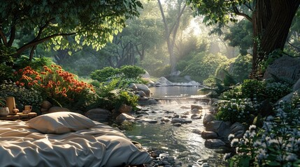 Wall Mural - A bed is set up next to a river with a view of the trees