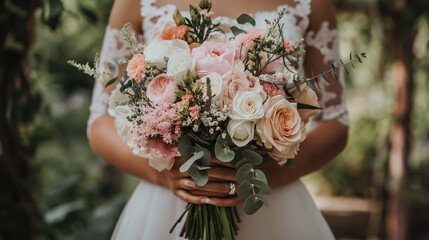 pink wedding boquet and bride 