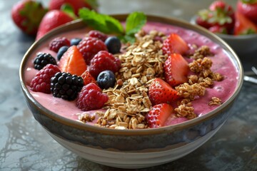 A vibrant smoothie bowl topped with leftover fruit salad honey and crunchy granola for a refreshing postholiday breakfast 