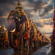 Thai elephant procession featuring majestic elephants decoration with beautiful traditional accessories.
