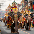 Thai elephant procession featuring majestic elephants decoration with beautiful traditional accessories.