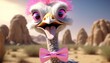 Portrait of a cute young ostrich in a pink suit
