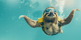 Fototapeta Lawenda - Underwater diving sloth swims in ocean with life jacket and goggles. Generative AI