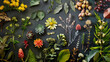 Set of botanical elements flowers, twigs, petals, leaves, flat lay, top view