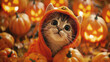 Cute kitty in a Halloween orange costume among ripe pumpkins, party concept for Halloween