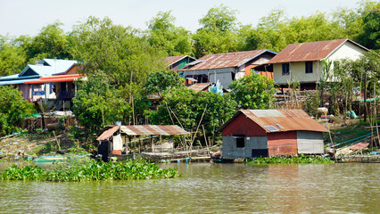 Wall Mural - village at tonle sap river shore