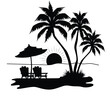Palm trees with two lounge chairs and an umbrella with setting sun Illustrator