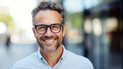 portrait of smiling and friendly looking middle aged attractive businessman