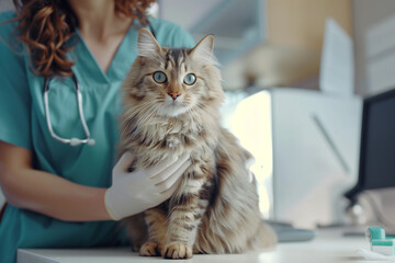 Female vet nurse doctor examining a cute happy cat making medical tests in a veterinary clinic