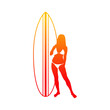 Logo club de surf. Silueta de mujer de pie frente a tabla de surf lineal con bikini en espacio negativo