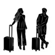 silhouette of a man and woman with suitcases on a white background vector