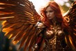 Powerful female warrior with fiery red hair and golden armor