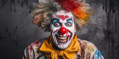Wall Mural - Creepy clown with colorful makeup and curly hair