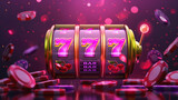 Fototapeta  - Banner of mobile online casino application with 777 big win slot machine. Poster with online mobile app casino and Jackpot 777.