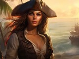 Captivating pirate woman in the sunset