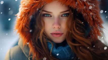 Sticker - Captivating woman with vibrant red hair in snowy winter scene