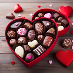 Wall Mural - Assortment of Delicious Chocolate Candies in a Heart-Shaped Box