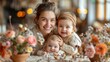 © JINGWEN - Joyful Mother's Day Celebration: Cozy Neoclassical Room with Floral Decorations and Golden Lighting, Mother and Baby Laughing, Gratitude Theme, High-Definition