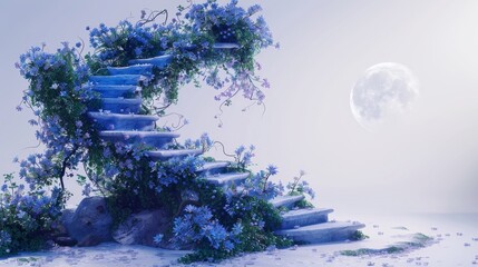 Wall Mural - A staircase with flowers growing on it is shown against a backdrop of a moon