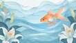綺麗な金魚が百合と共に夏の香りを届ける透き通るような水墨画風のイラスト、水色の壁紙とグラデーション generated by AI