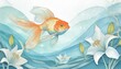 綺麗な金魚が百合と共に夏の香りを届ける透き通るような水墨画風のイラスト、水色の壁紙とグラデーション generated by AI