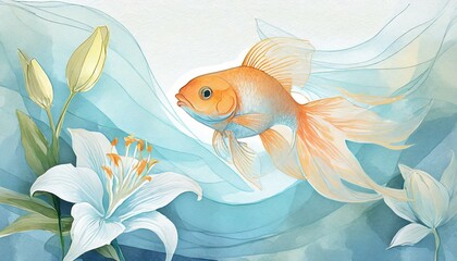 Wall Mural - 綺麗な金魚が百合と共に夏の香りを届ける透き通るような水墨画風のイラスト、水色の壁紙とグラデーション generated by AI