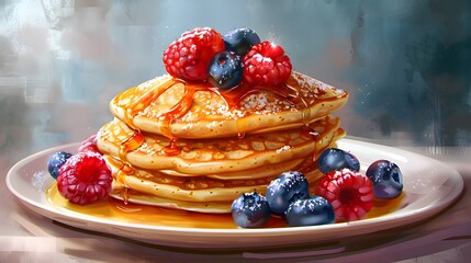 Wall Mural - a breakfast of oat pancakes topped with fresh berries and maple syrup, detailed and centered on a light plate. 